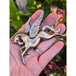 Vintage Sterling Silver Gold Tone Art Deco Pegasus Flying Horse Crystal Brooch